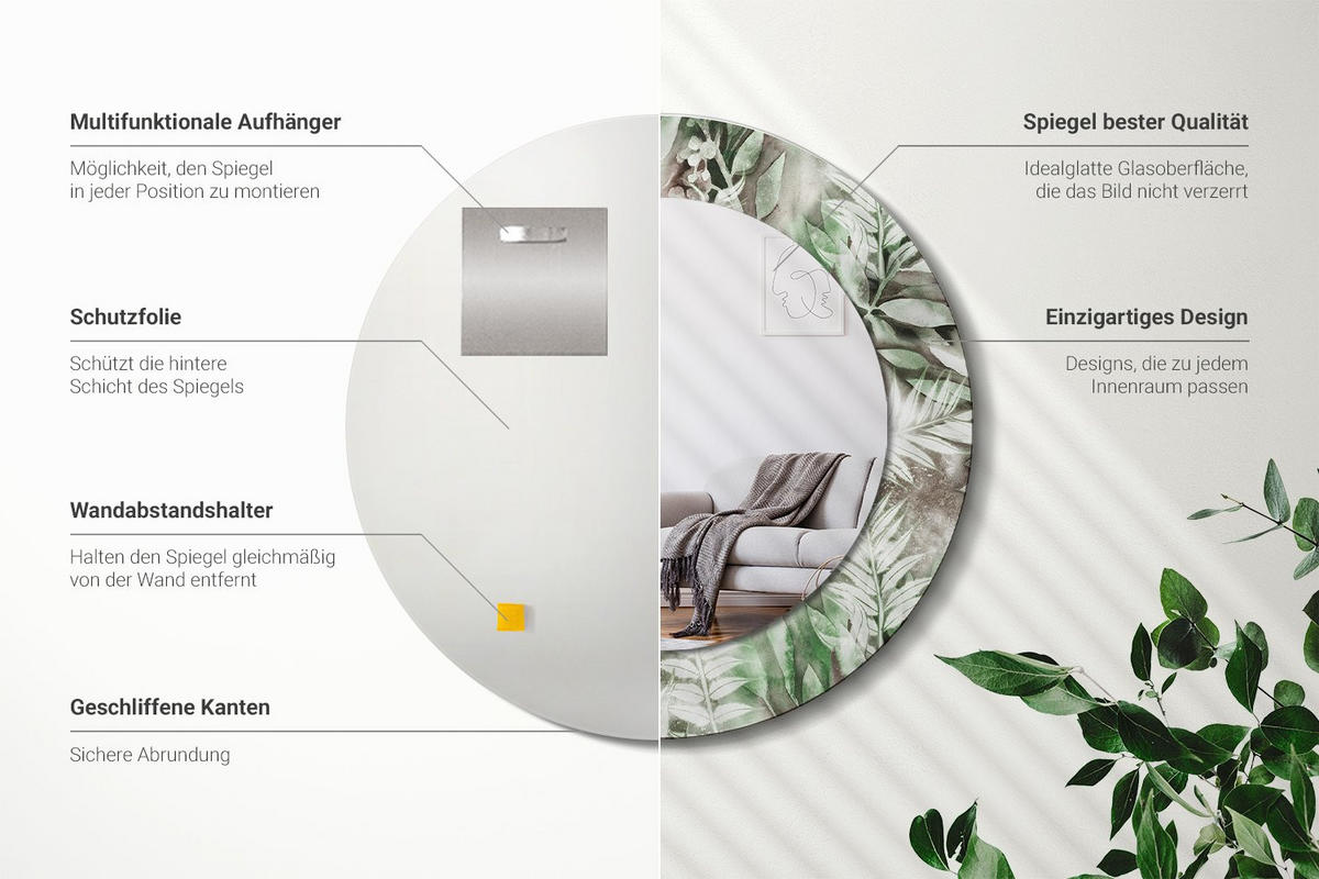 SPIEGEL Rund Ø 50 cm mit Aufdruck - Multicolor, Glas (50/50/0.4cm) - Wallfluent