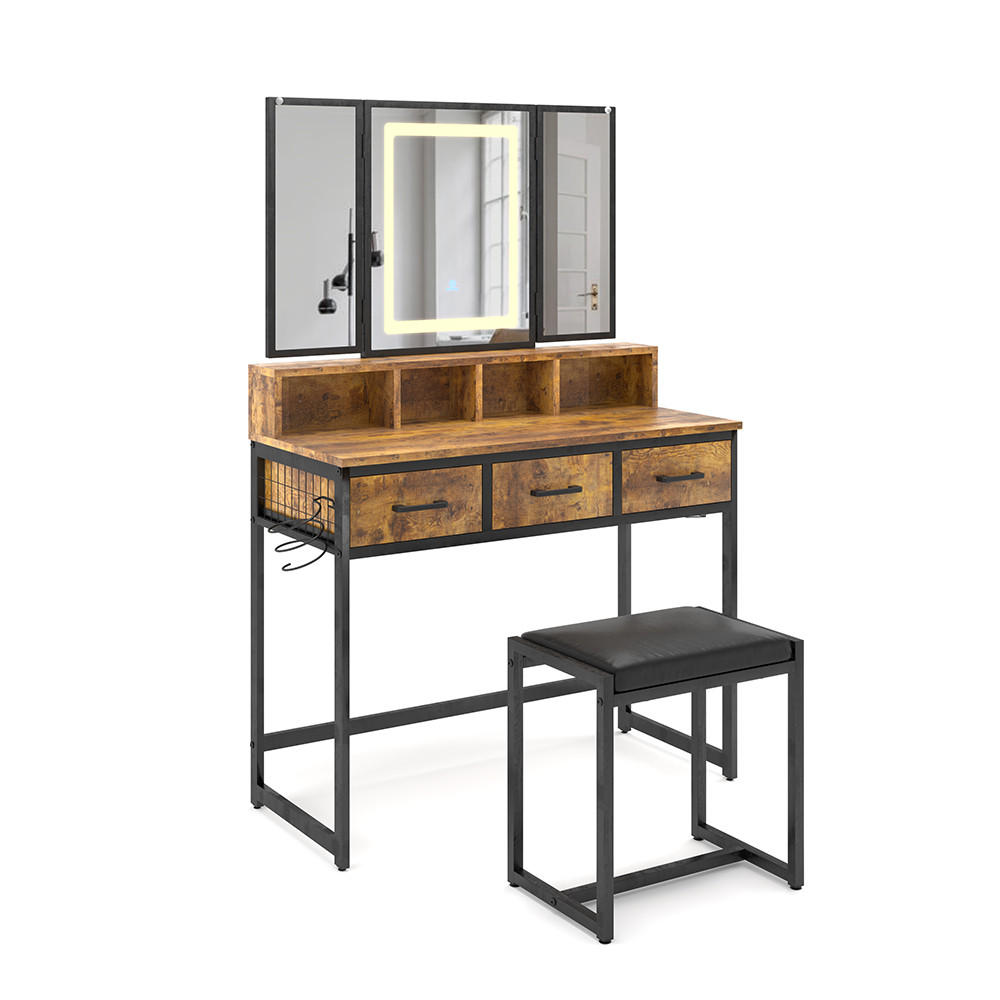 MASĂ DE TOALETĂ Fyrk Stejar rustic 90 cm cu taburet și oglindă LED