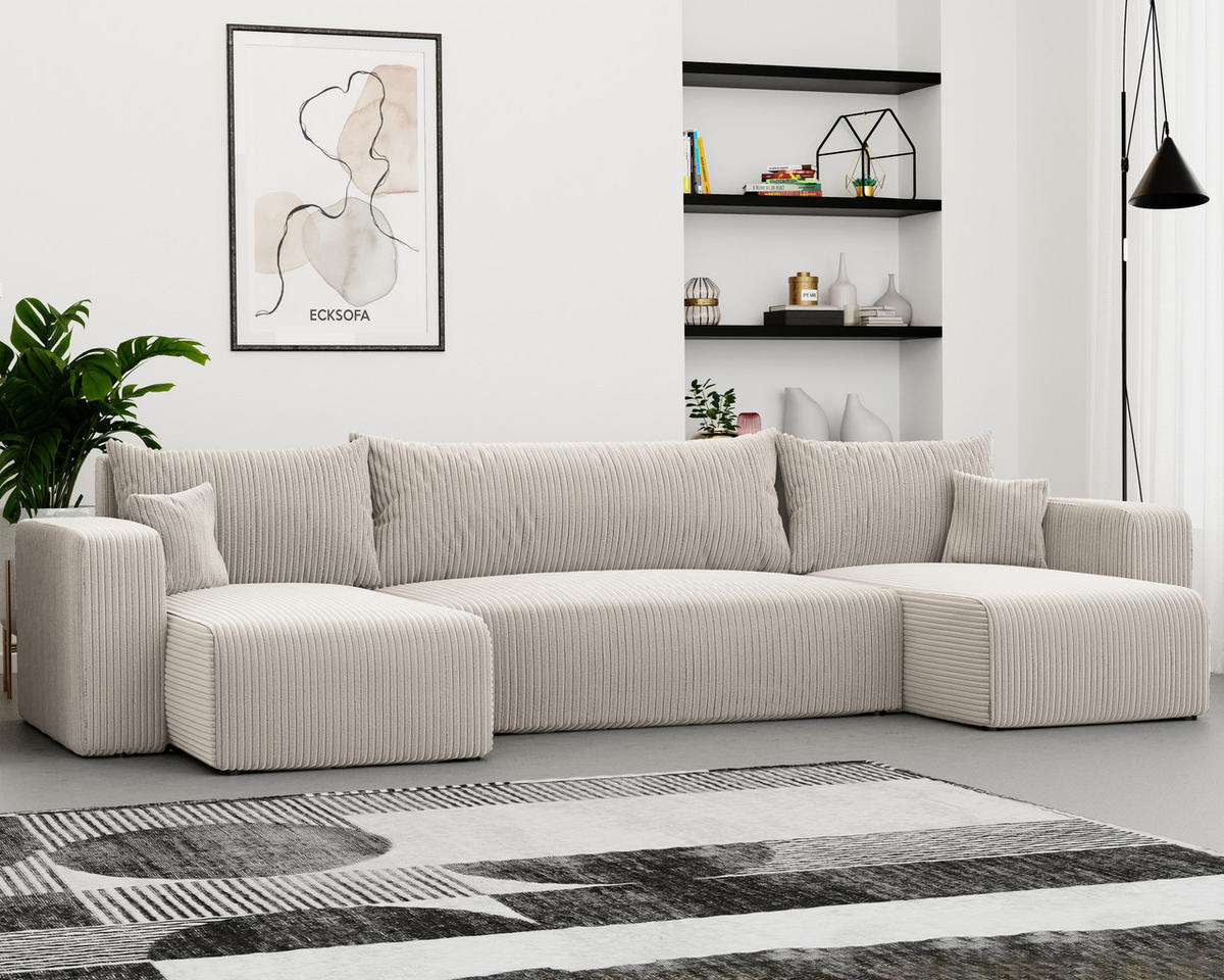 WOHNLANDSHAFT U-Form mit Schlaffunktion und Bettkasten, Beige - Beige, Holzwerkstoff/Textil (318/79/145cm) - Idohome