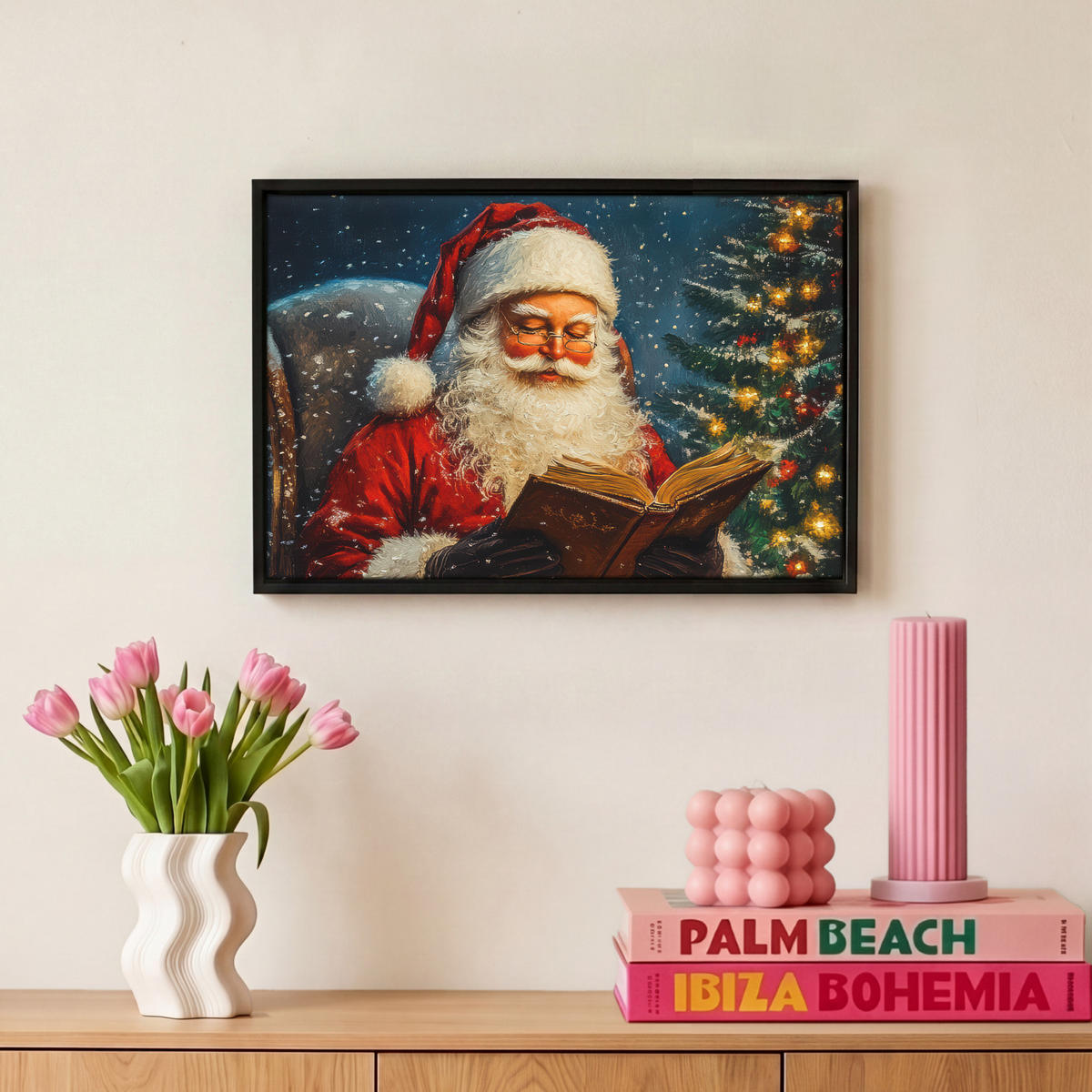 LEINWAND Bilder mit Rahmen - Weihnachtsmann - Weihnachten - Winter - Weihnachtsbaum - 30x20 - Bordeaux, Textil (30/20cm) - MuchoWow