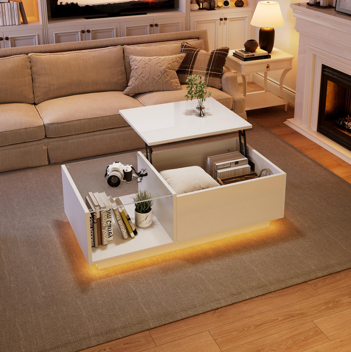 COUCHTISCH aus Spanplatte 100x50x33-46,5 cm in Weiß mit LED-Beleuchtung - Weiß, Holzwerkstoff (100/50/46.5cm) - Modfu