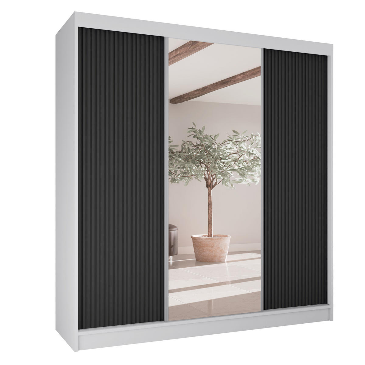 SCHWEBETÜRENSCHRANK Rafi mit Spiegel und mit geriffelten Fronten, 200 cm, Weiß+Schwarz - Schwarz/Weiß, Holzwerkstoff (200/215/61cm) - AN-Moebel 4u