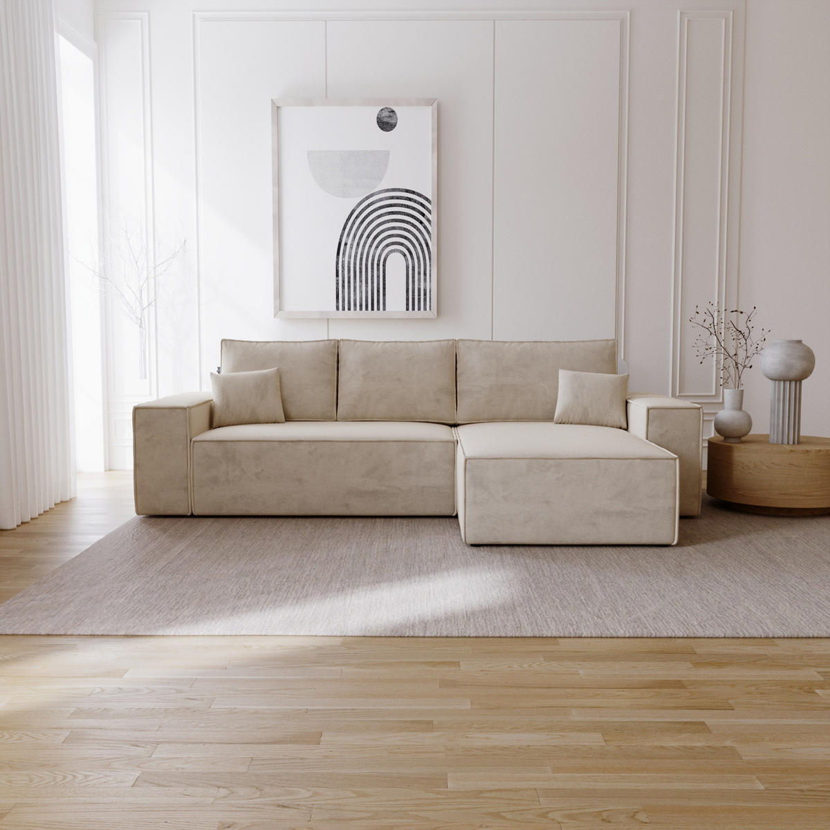 ECKSOFA mit Schlaffunktion Bergamo L 280 cm, Samt, Rechts - Beige - Beige, Holz (189/277cm) - Emporius