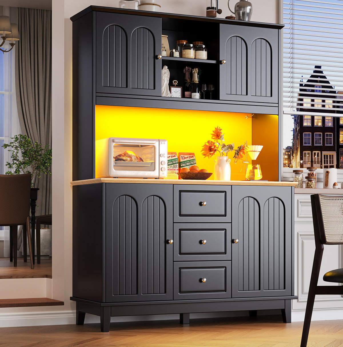 BUFFET 120/40/180 cm in Schwarz/Natur mit LED-Beleuchtung und USB-Ladefunktion - Schwarz, Holzwerkstoff (120/180/40cm) - Flora Grace