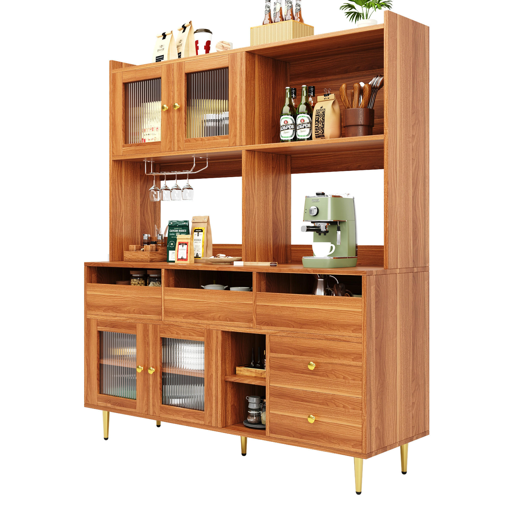 BUFFET 145/39/171 cm in Walnussbraun mit Changhong-Glastür und Weinregal - Walnussfarben, Holzwerkstoff (39/171/145cm) - Flora Grace
