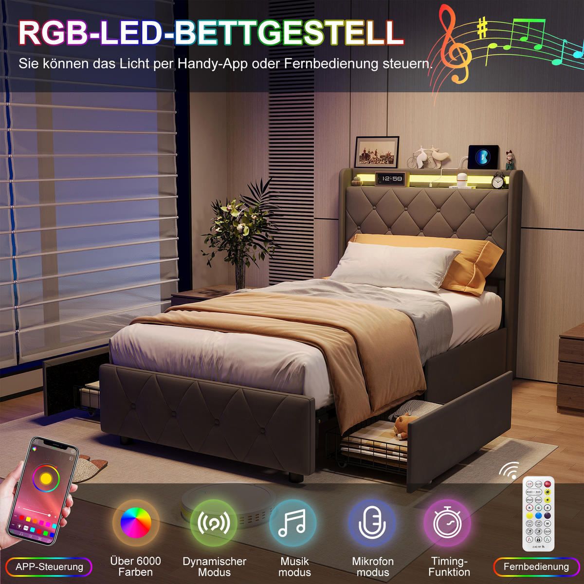 POLSTERBETT 90x200 cm mit 2 Schubladen, LED, USB & Type-C, Einzelbett Kopfteil und Lattenrost, Grau - Grau, Metall (90/200cm) - EuroLiving