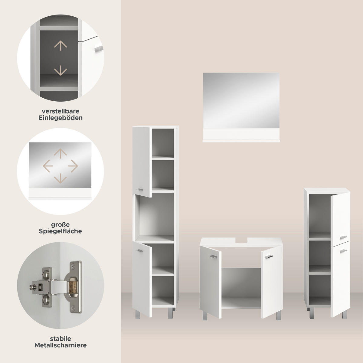 BADKOMBINATION 4tlg. Boston/Tampa Bad in weiß Nachbildung - modernes Design - B/H/T: 137x186x33 cm - Weiß, Holzwerkstoff (137/186/33cm)
