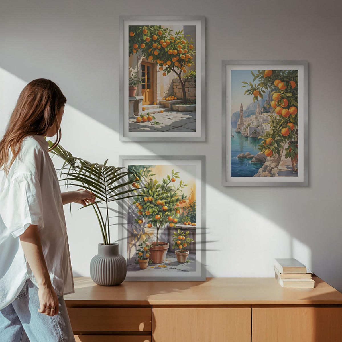 WANDBILDER 3er Set - 40x60 cm Silberner Rahmen - Gemalte Zitruslandschaften - Silberfarben, Kunststoff (40/60cm) - ArtPrintCave