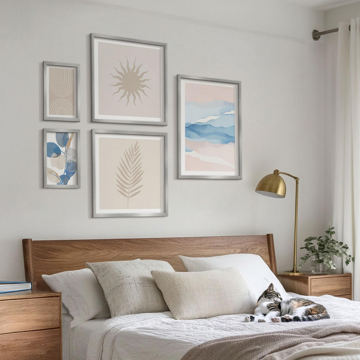 WANDBILDER 5er Set - 50x50 cm & 20x30 cm & 40x60 cm Silberner Rahmen - Abstrakte Linien der Sonnenwellen - Silberfarben, Kunststoff (40/60cm) - ArtPrintCave