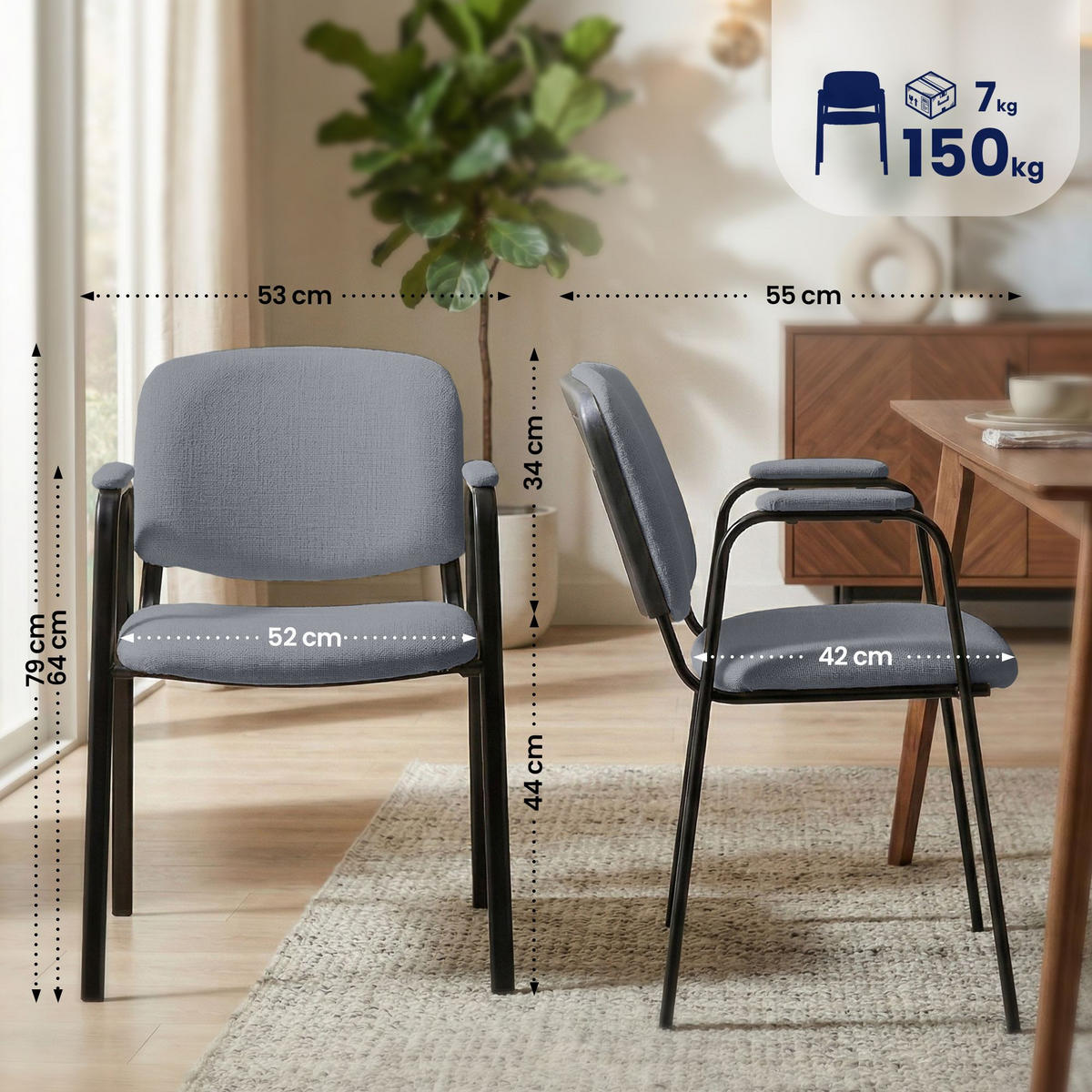 BESUCHERSTUHL 4er Set Stoff grau - Schwarz/Grau, Textil/Metall (53/79/55cm) - CLP