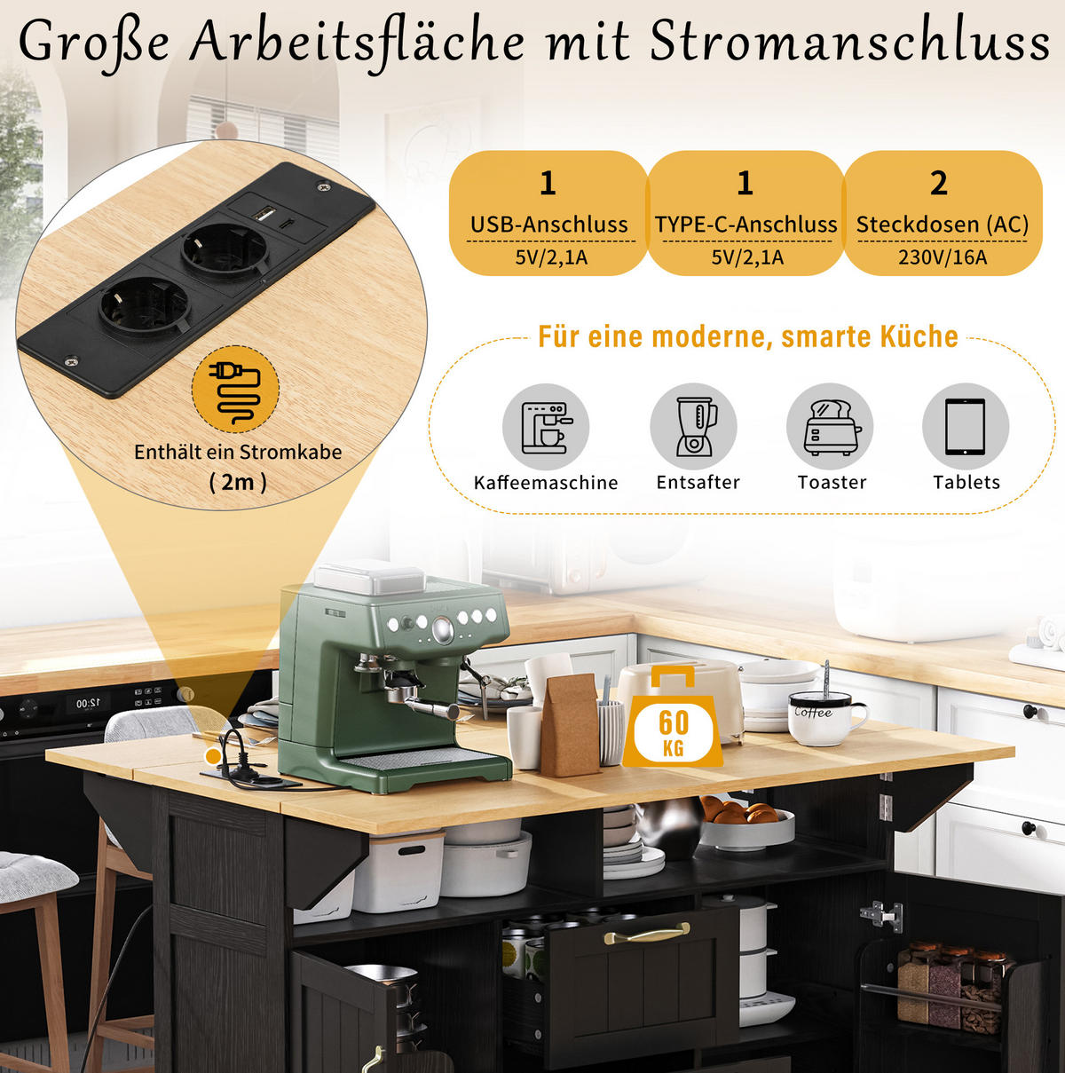 KÜCHENINSEL 120/40-60-80/92 cm mit klappbarer Tischplatte, Steckdosenleiste und Rollen aus MDF, Schwarz/Natur - Schwarz, Holzwerkstoff (120/92/80cm) - Redom