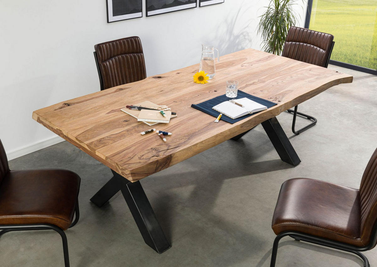 BAUMTISCH Sheesham 180x90x77 natur sandgestrahlt / X-Beine anthrazit glänzend FREEFORM 5 - Naturfarben, Holz (180/90/77cm) - Massivmoebel24