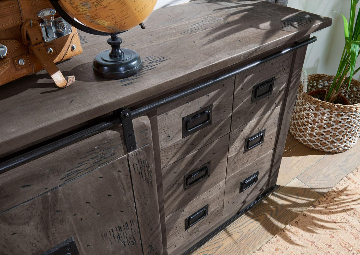 SIDEBOARD Mango 140x45x85 grau lackiert RAILWAY #221 - Grau, Holz (140/85/45cm) - Massivmoebel24