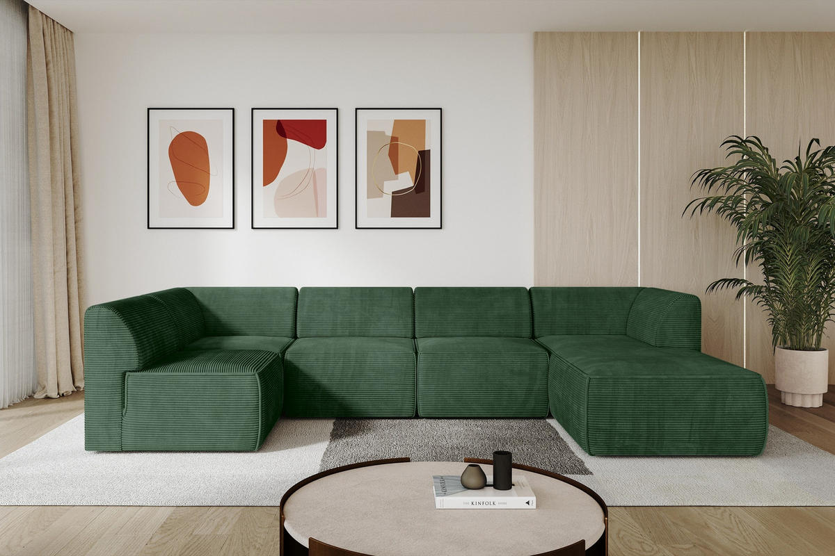 WOHNLANDSCHAFT Ottomane Rechts MOVA 345x180x78 Grün Cord - Waldgrün/Schwarz, Holzwerkstoff/Kunststoff (345/78/180cm) - ALTDECOR