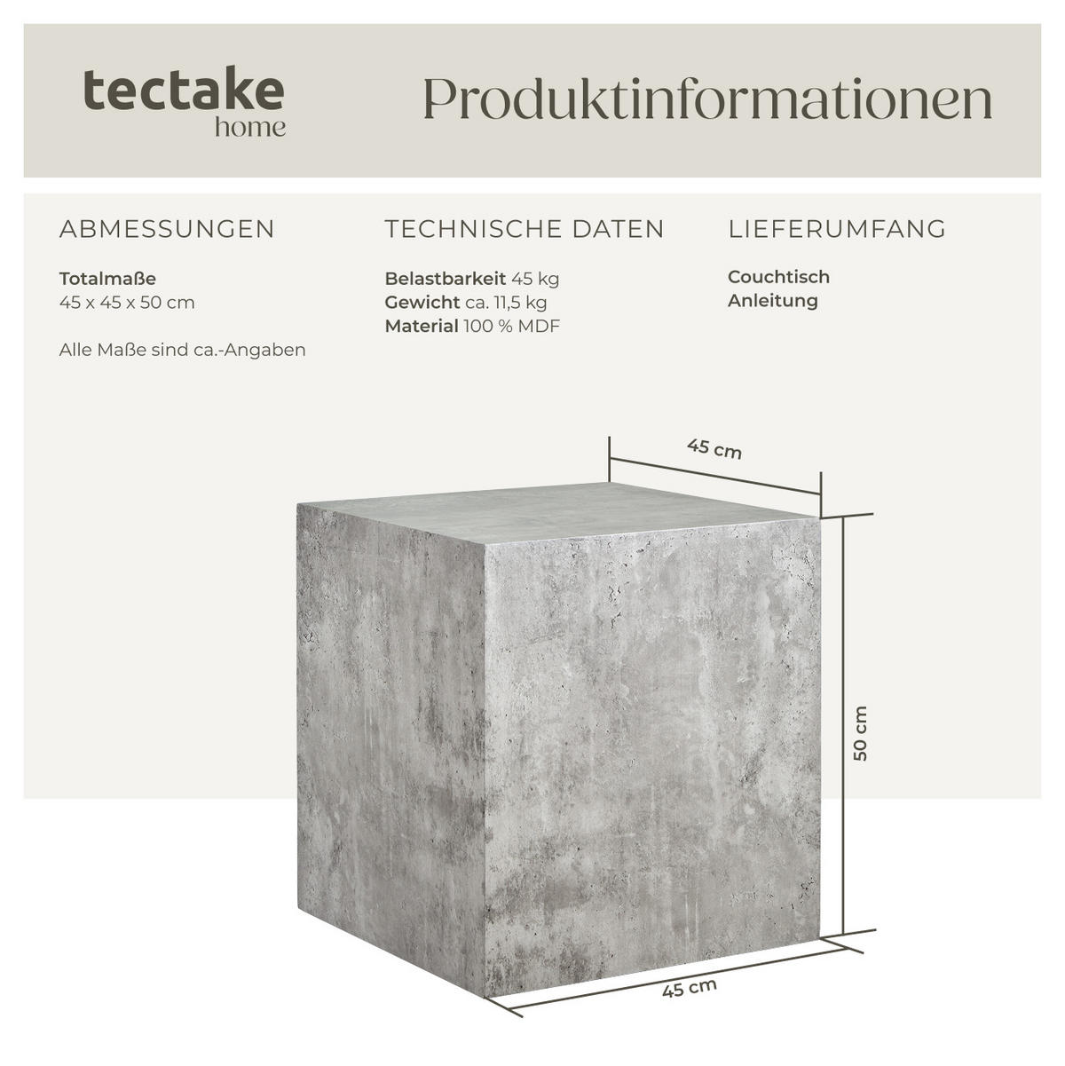 COUCHTISCH Lasley,inkl. Bodenschoner, Belastbarkeit 45 kg,Beton Optik - Grau, Holz (45/45/50cm) - tectake