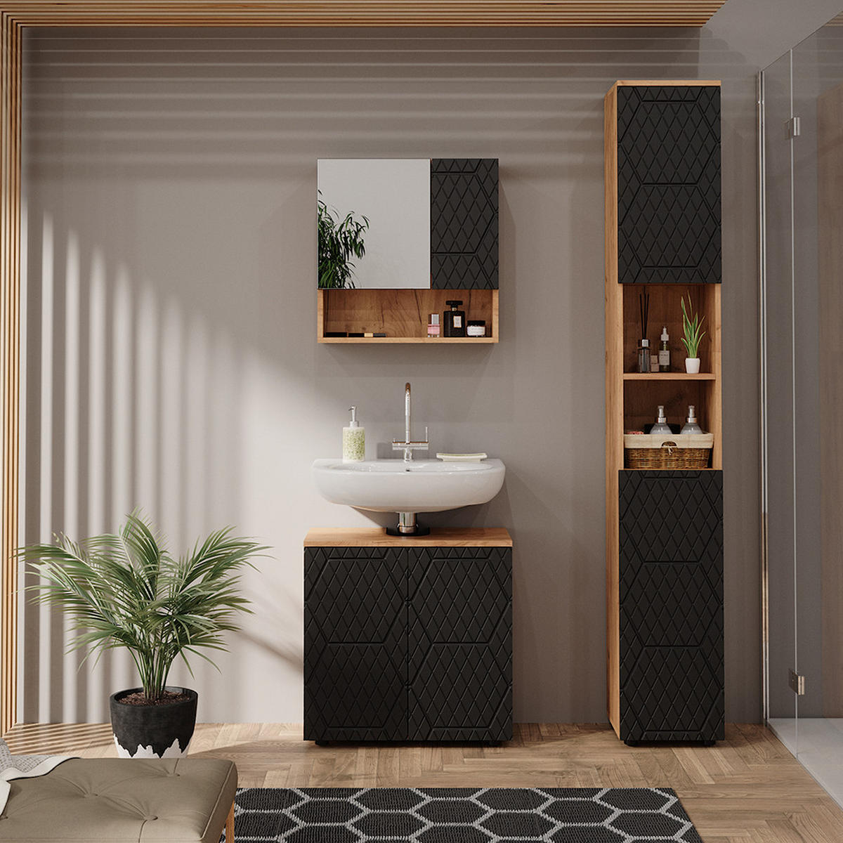 BADMÖBEL-SET Irma Anthrazit gestreift 3 Teile, mit Hochschrank - Honigeiche/Anthrazit, Holzwerkstoff (80/58.6/41cm) - Vicco