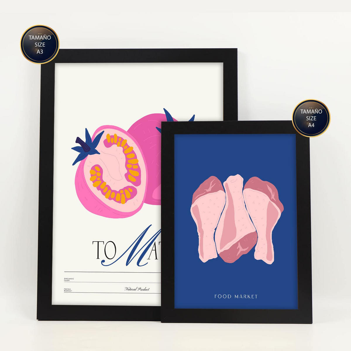POSTER Set Mit 6 Lebensmittel Und Ernährungs Rosa Essen Natur Und Botanikdrucke Für Innenarchitektur A3 & A4 Schwarzer Rahmen - Schwarz, Papier (29/3cm) - Nacnic