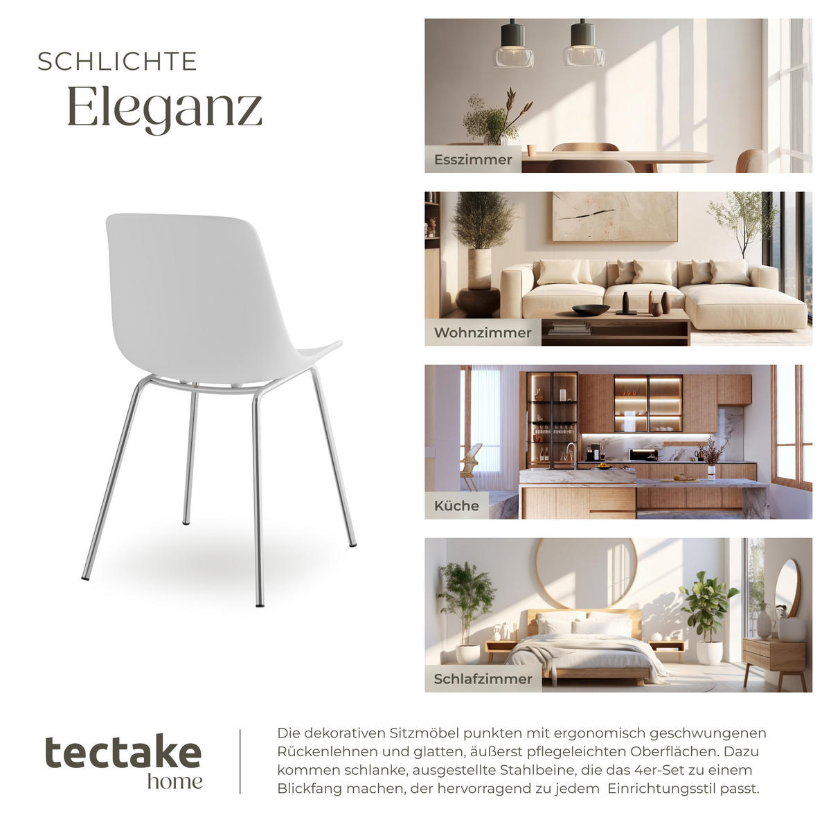KUNSTSTOFFSTUHL 4er Set Mave 46 x 55 x 80 5 cm weiß/chrom - Weiß, Textil (46/80.5/55cm) - tectake