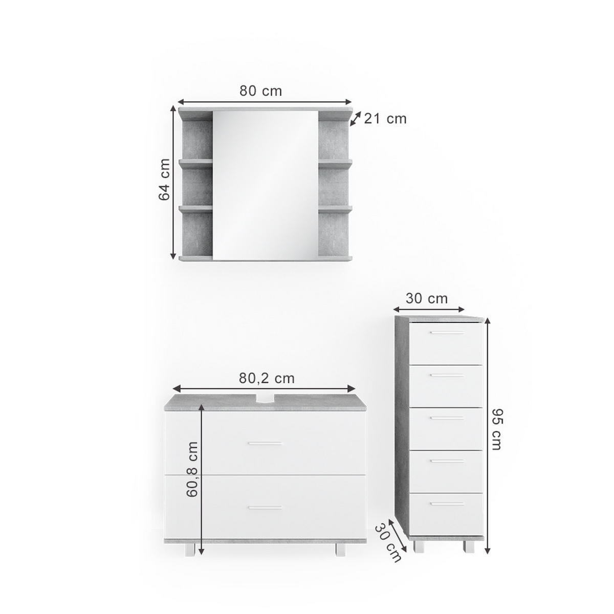 BADMÖBEL-SET Ilias Beton/Weiß 3 Teile, mit Unterschrank 80 cm - Weiß/Grau, Holzwerkstoff (80/60/33cm) - Vicco