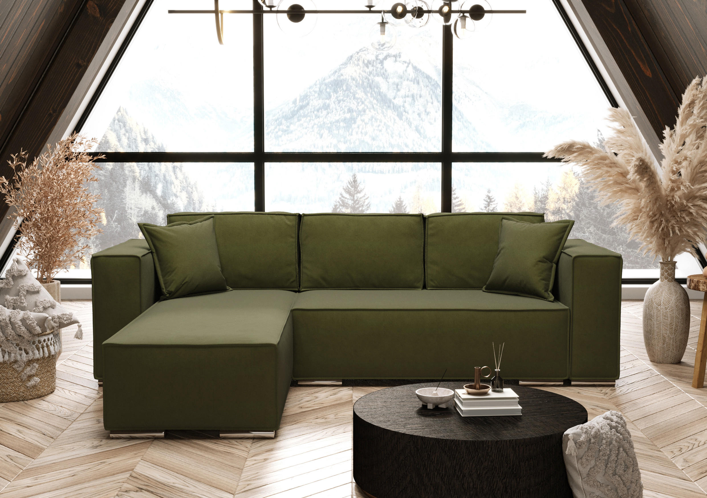 ECKSOFA L Form Vinoria Grün 255/180/82 cm Links mit Schlaffunktion - Chromfarben/Dunkelgrün, Textil/Metall (180/255cm) - AX Living