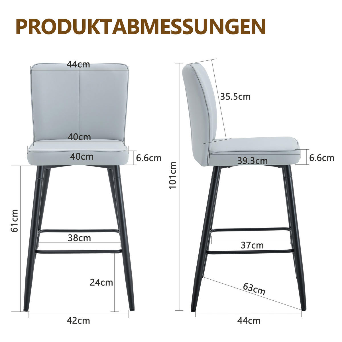BARHOCKER 2er-Set Hellgrau mit PU-Leder, Rückenlehne und Fußstütze - Hellgrau, Metall (44/101/44cm) - PANGIVO