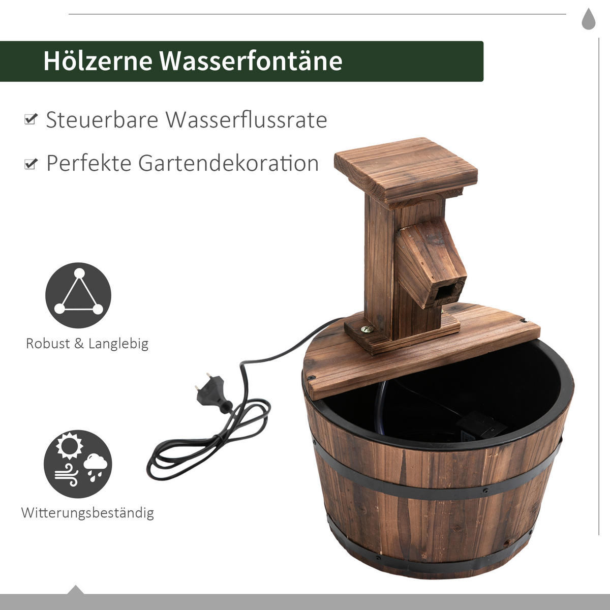 GARTENBRUNNEN, Tannenholz, Metall, Natur - Naturfarben, Holz/Metall (27/27/37cm) - Outsunny