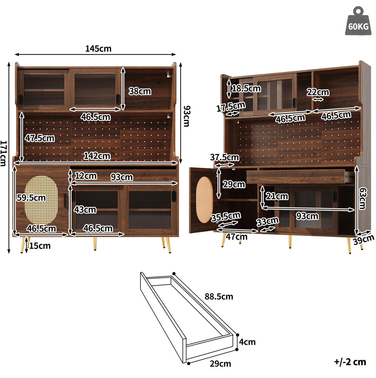 BUFFETSCHRANK 145/39/171 cm braun aus MDF mit LED, Lochplatte und Fluted-Glas-Türen - Braun, Holzwerkstoff (145/171/39cm) - OKWISH