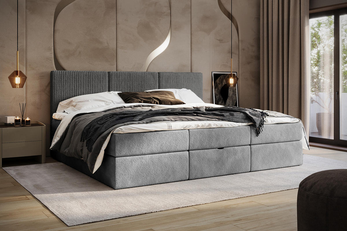 BOXSPRINGBETT Weit 240x200 cm mit Bettkasten – Grau, 3 modulare Segmente - Grau, Textil (240/200cm)