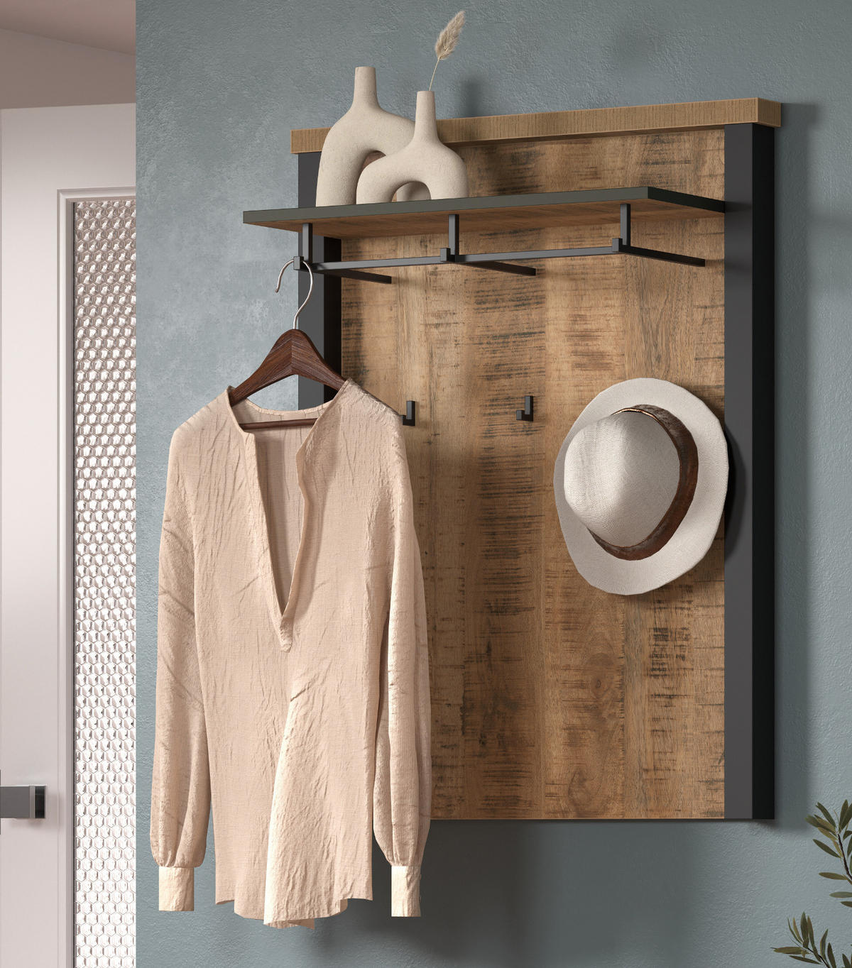 GARDEROBENPANEEL Mango, schwarz 73 x 95 cm, Wandgarderobe mit Kleiderstange - Schwarz/Naturfarben, Holzwerkstoff/Metall (73/95/27cm) - Top.Furn