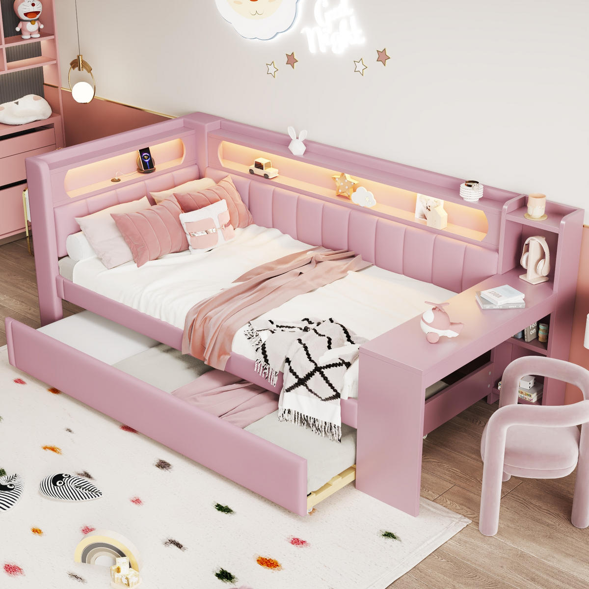 AUSZIEHBETT 90/200 cm DE-03383, mit LED, Ausziehbett und Schreibtisch, in Rosa - Pink, Holzwerkstoff (90/200cm) - ComfortXL