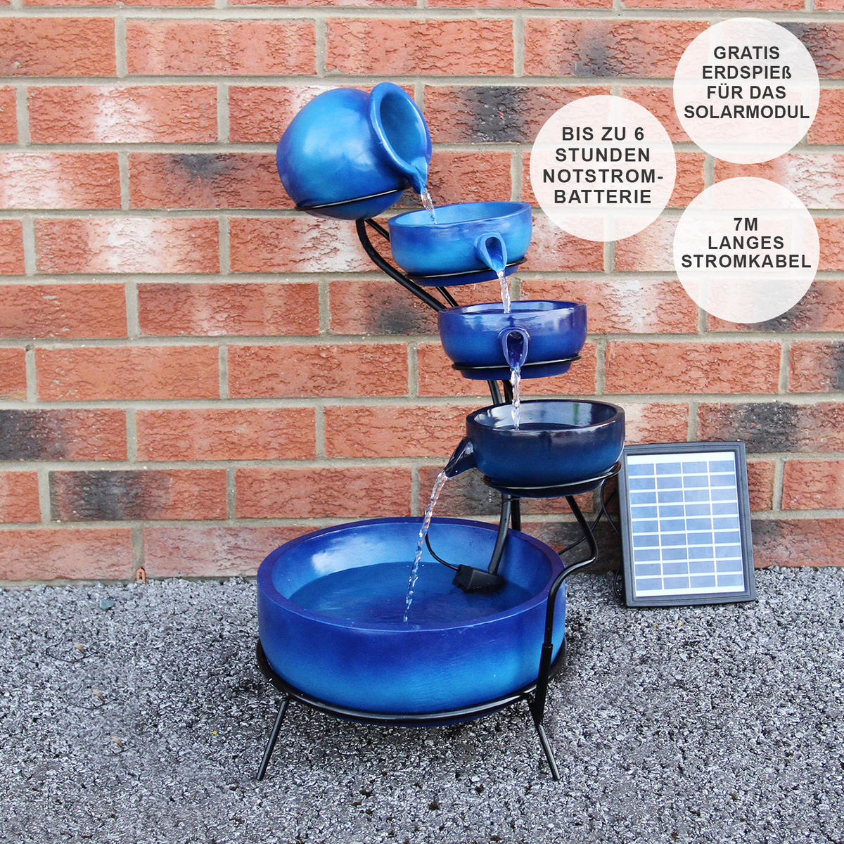 SOLAR-KASKADENBRUNNEN mit Akku - Blau, Keramik (44/50/44cm) - Monstershop