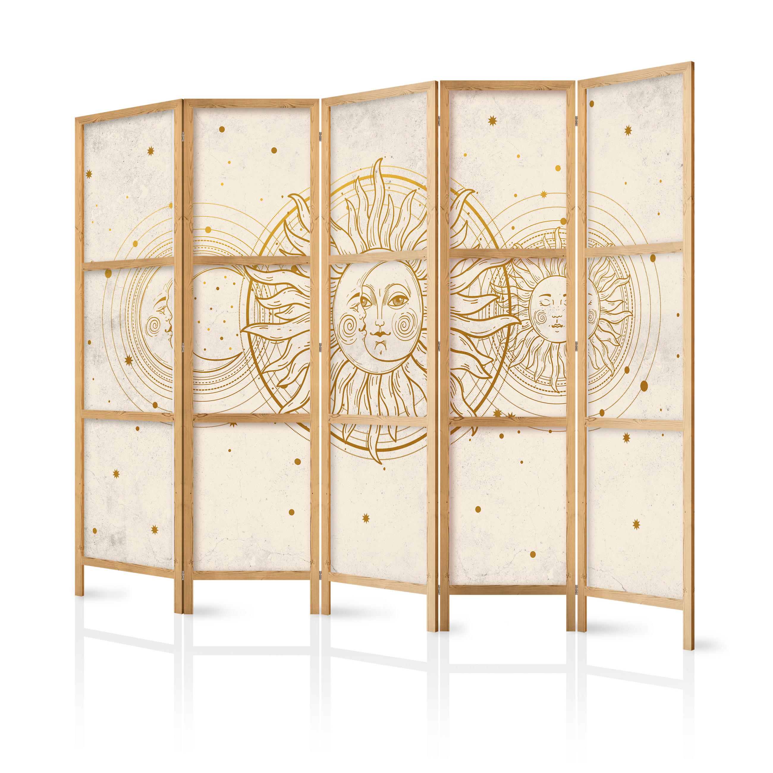 PARAVENT Japanischer 5-tlg 225x172 cm Monde Und Sterne - Beige, Holz/Textil (225/172/3cm) - Muralo