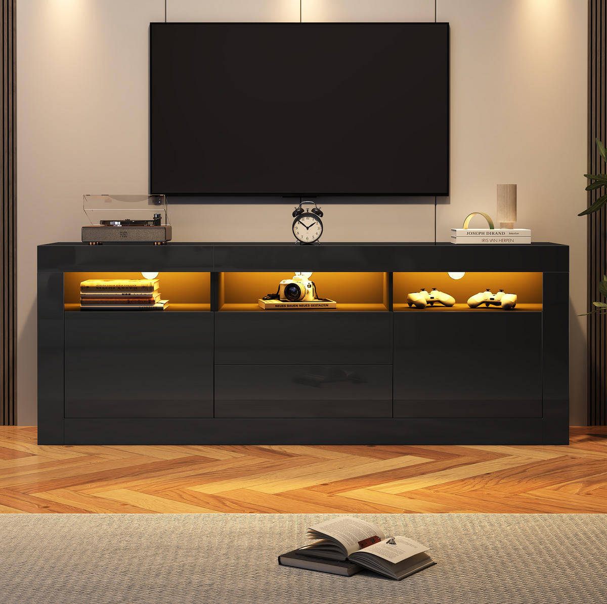 TV-LOWBOARD 160/35/60 cm in Schwarz mit LED-Beleuchtung und Hochglanzfront - Schwarz, Holzwerkstoff (160/60/35cm) - Flora Grace