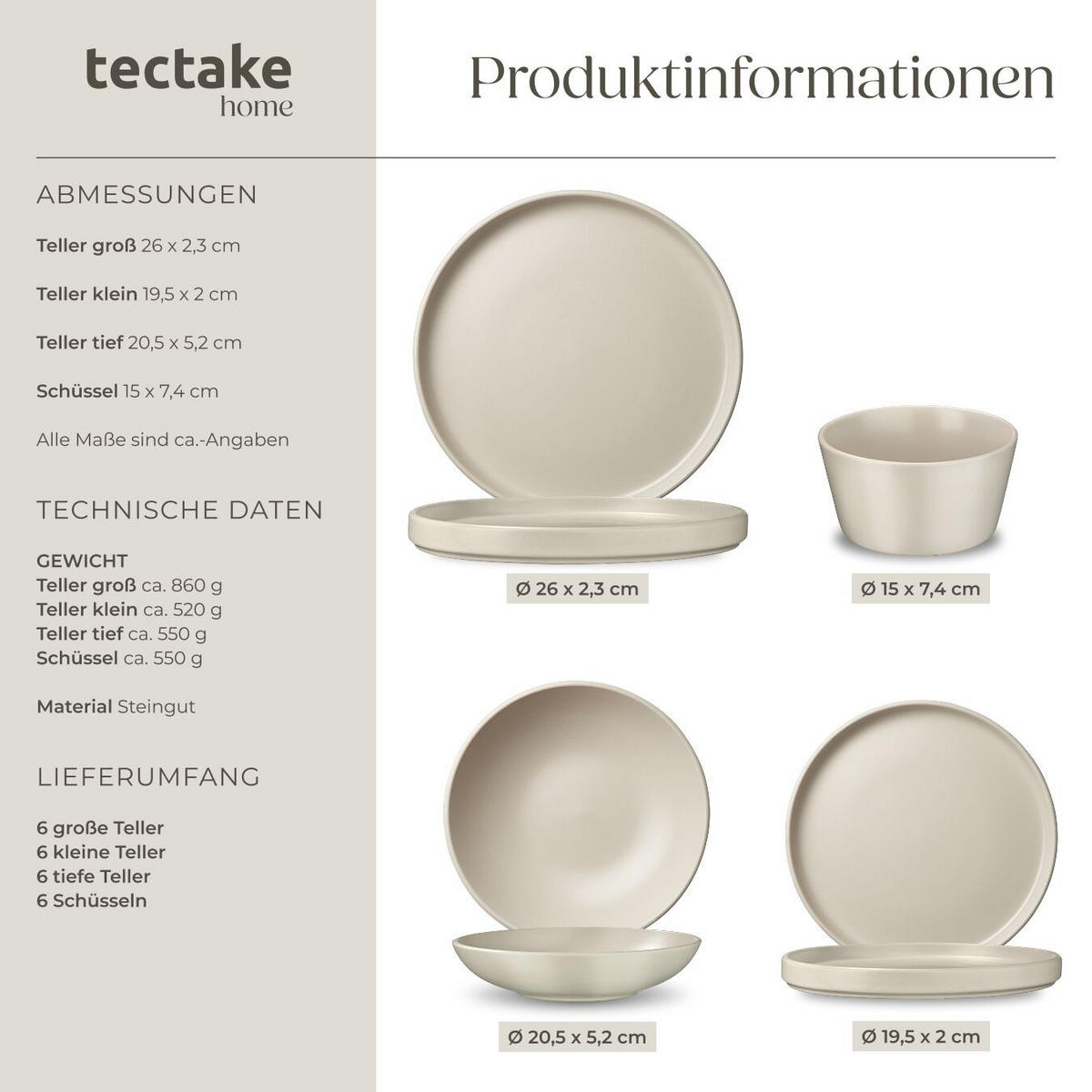 TAFELSERVICE Una, ineinander stapelbar, taupe - Taupe, Keramik (26/2.3/26cm) - tectake