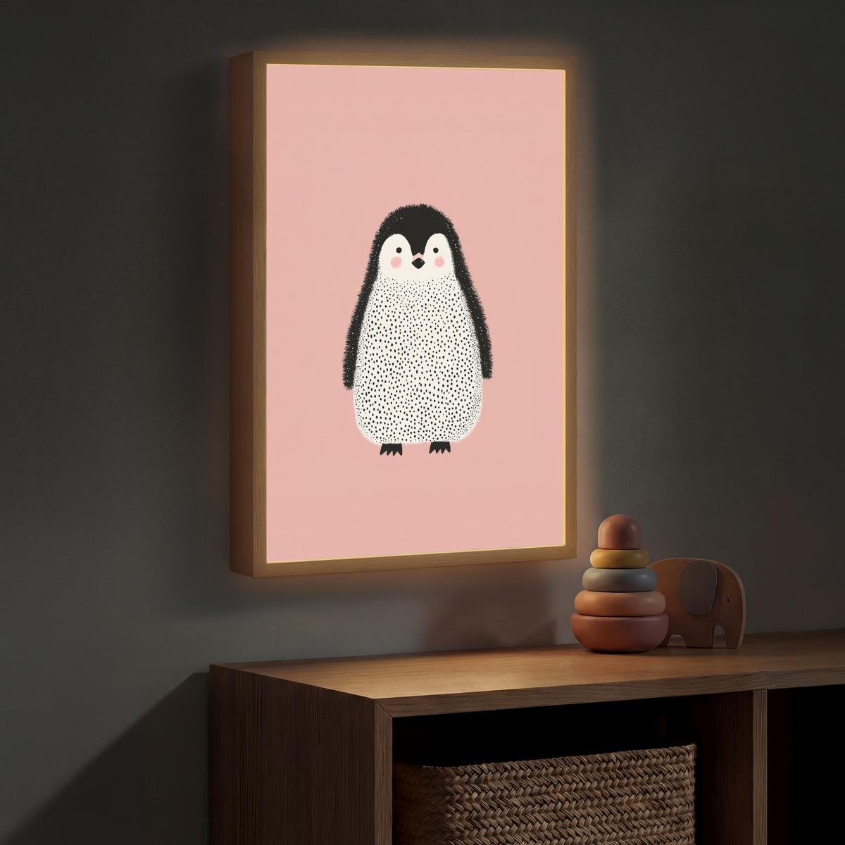 DOBÍJECÍ NOČNÍ LAMPIČKA Tučňák - Tečky - Minimalistický - Růžový 40x60 cm - růžová, kompozitní dřevo (8/40/60cm) - OnlyWow