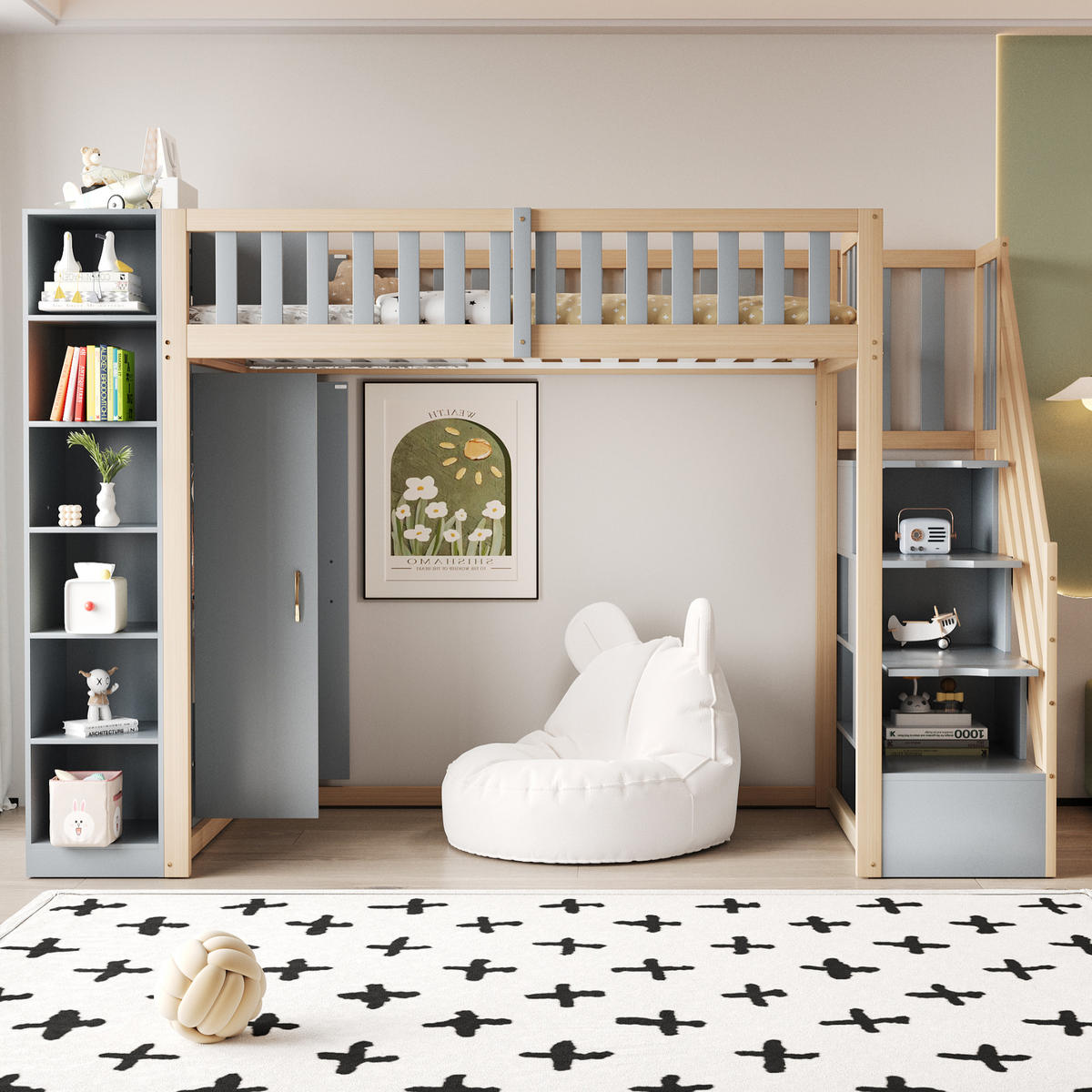 HOCHBETT 90/200 cm DE-01656, in Grau & Holz, mit Kleiderschrank, Regalen und Stauraumleiter - Grau, Holz (90/200cm) - ComfortXL