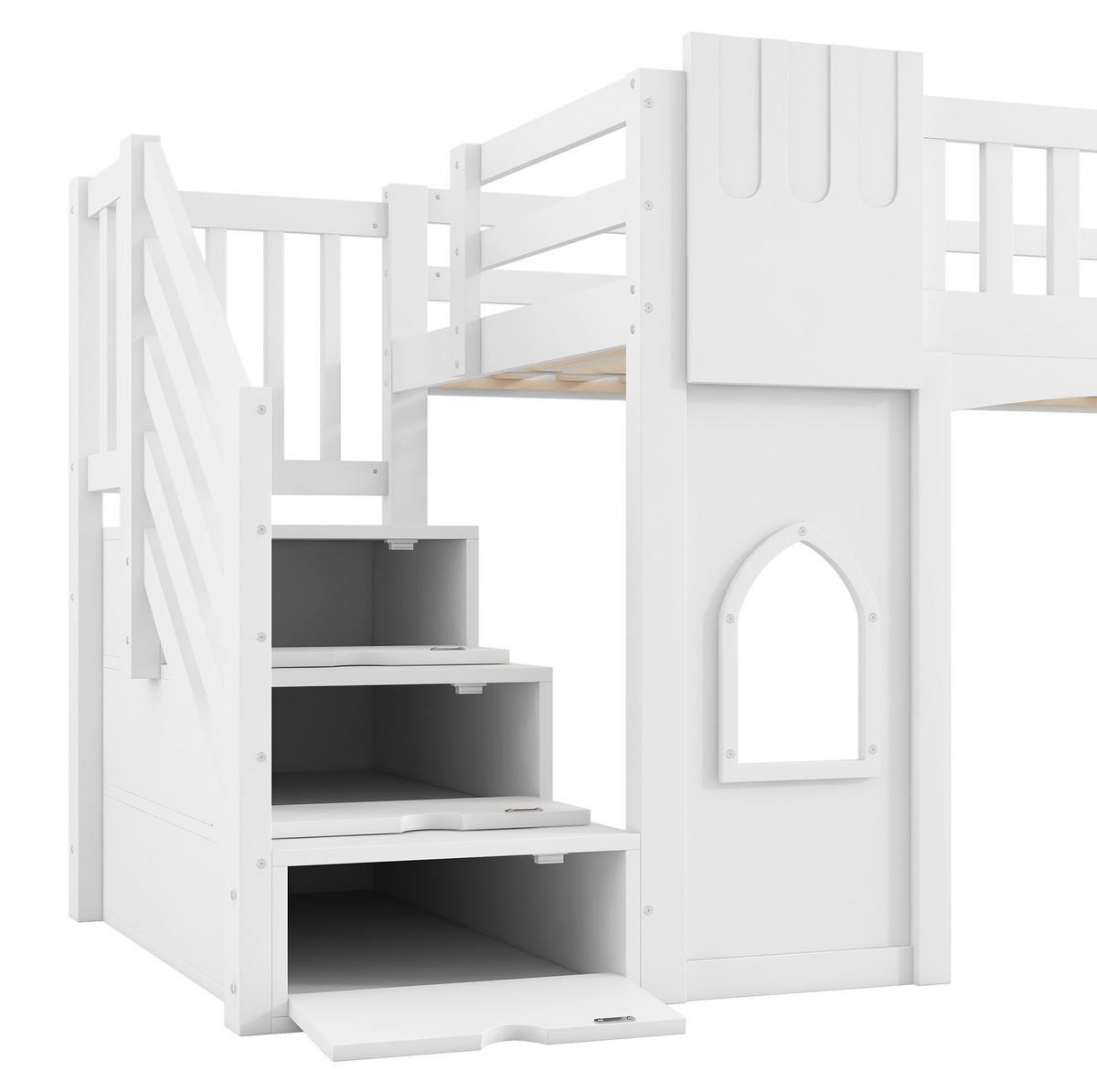 HOCHBETT 90/200 cm, Weiß mit Stauraumtreppe und Fenstern - Weiß, Holz (90/200cm) - MIVRAY