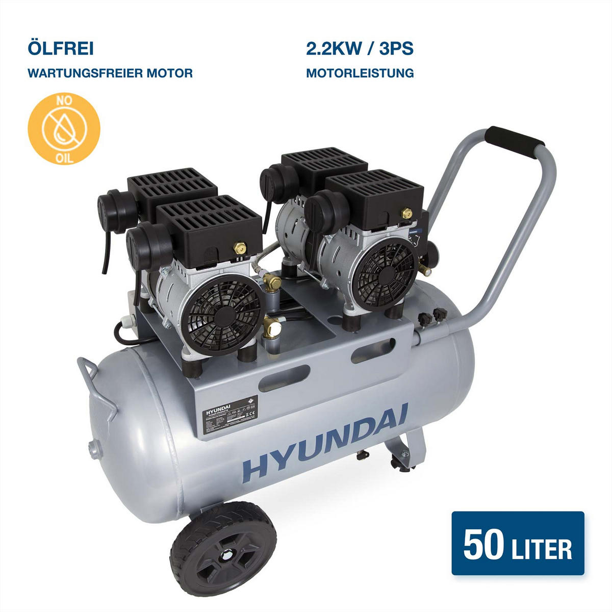 SILENT Kompressor SAC22050 SET (Druckluftkompressor leise, ölfrei, Flüsterkompressor, 67dB, 50L Kessel, 9bar, 2.2kW, 384L/Min) - Silberfarben, Metall (85/42/65cm) - HYUNDAI