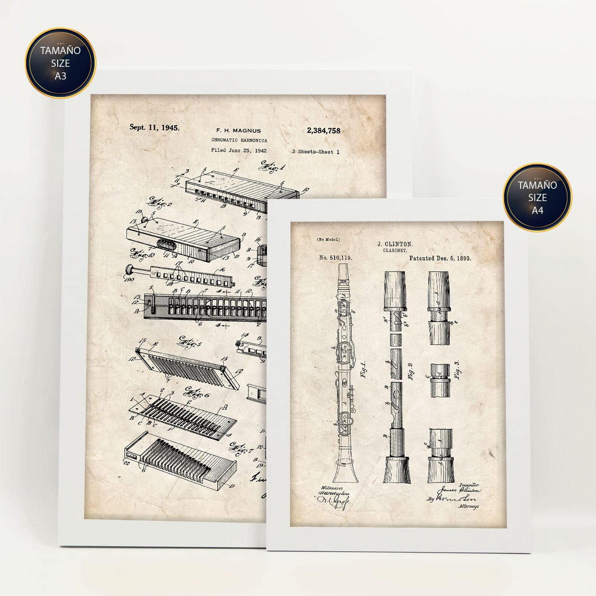POSTER Set Mit 6 Plakaten Mit Blasinstrument Patenten Im Vintage Stil A3 & A4 Weißer Rahmen - Weiß, Papier (29/3cm) - Nacnic