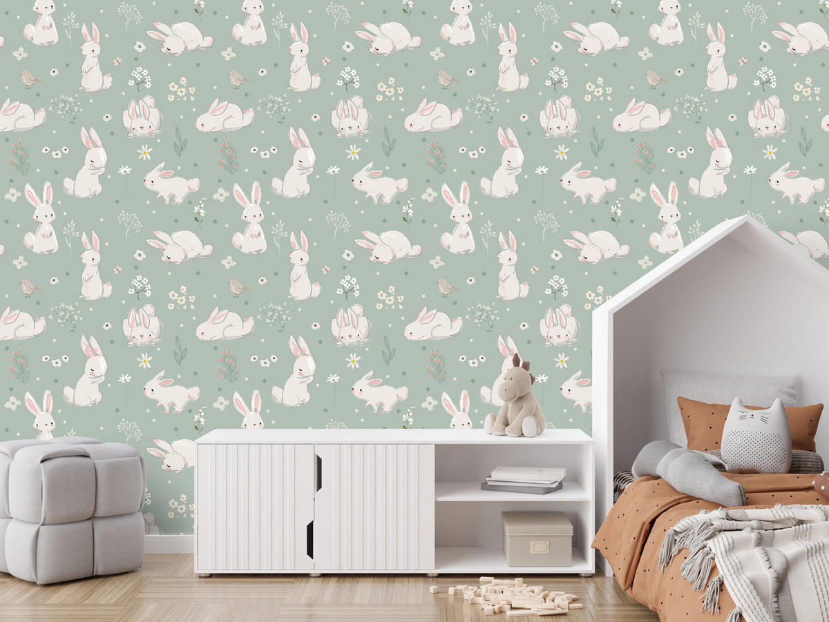 VLIESTAPETE Häschen, Vögel und Blüten – Mint, Rosa, Weiß – 50x1000 cm - Rosa/Weiß, Papier (50/1000cm) - Muralo