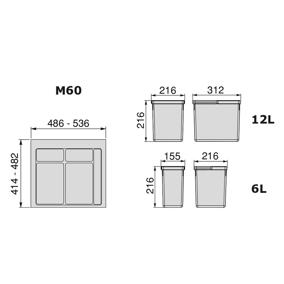 RECYCLINGBEHÄLTER für Küchenschublade mit Boden, Höhe 216mm, 1x12Liter, 2x6Liter, Modul 600mm, Kunststoff Anthrazitgrau 3er-set - Anthrazit, Kunststoff (53/30/56cm) - EMUCA