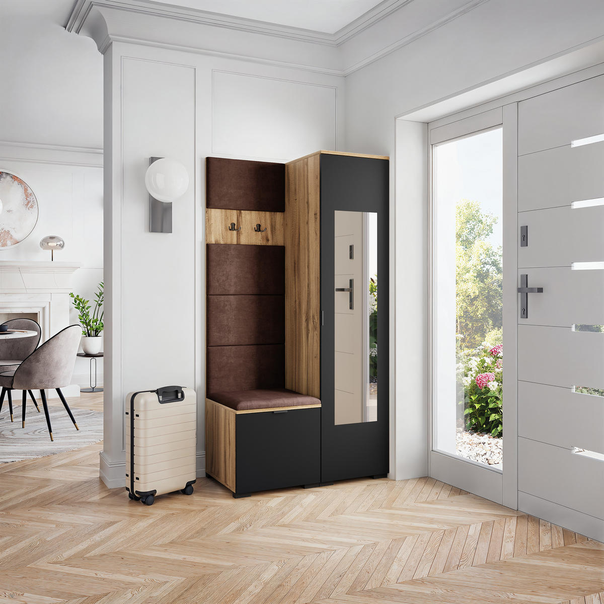 GARDEROBENSCHRANK VIRA 95/181/51 cm Modern Garderobe-Set Eiche Wotan - Eiche Wotan/Schwarz, Holzwerkstoff (95/181/51cm) - MASSENO