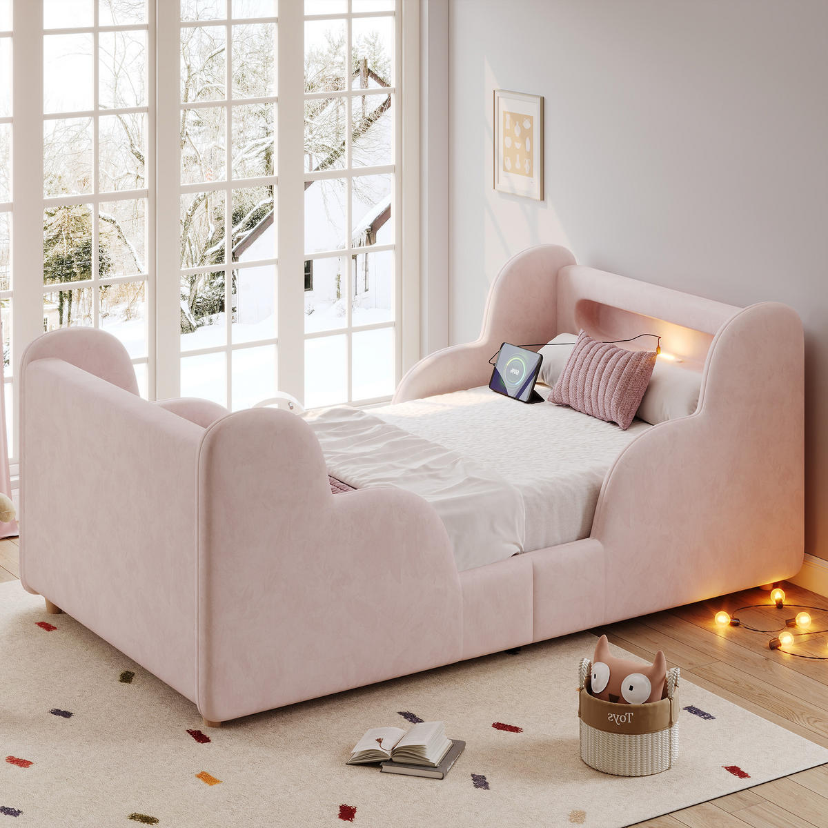 KINDERBETT Rosa Samt 90x200 Schutzgeländer Massivholz - Pink, Textil (90/200cm) - FLIEKS