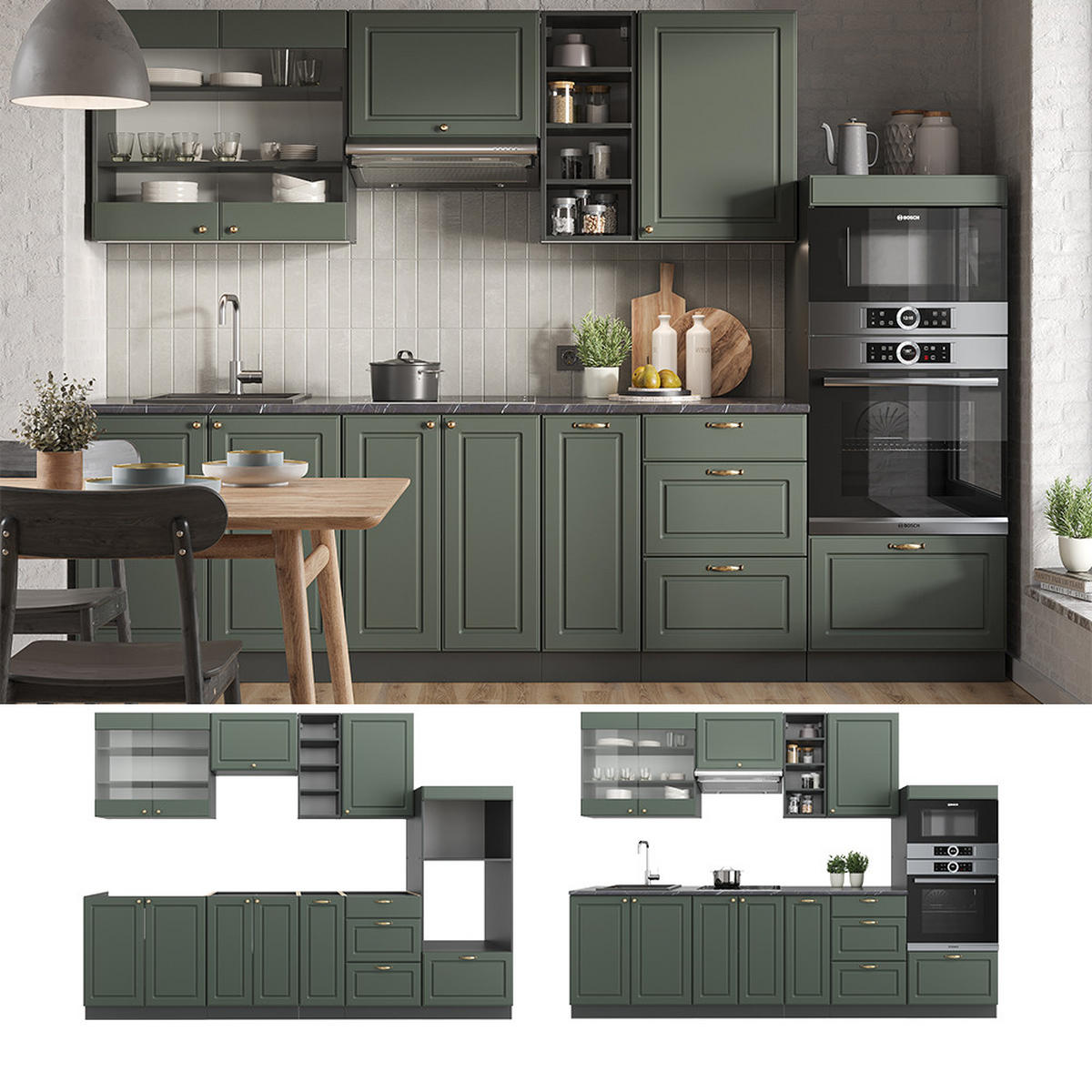 KÜCHENZEILE Fame-Line Grün-Gold Landhaus/Anthrazit 280 cm AP Anthrazit - Anthrazit/Grün, Holzwerkstoff (280/81.6/60cm) - Vicco