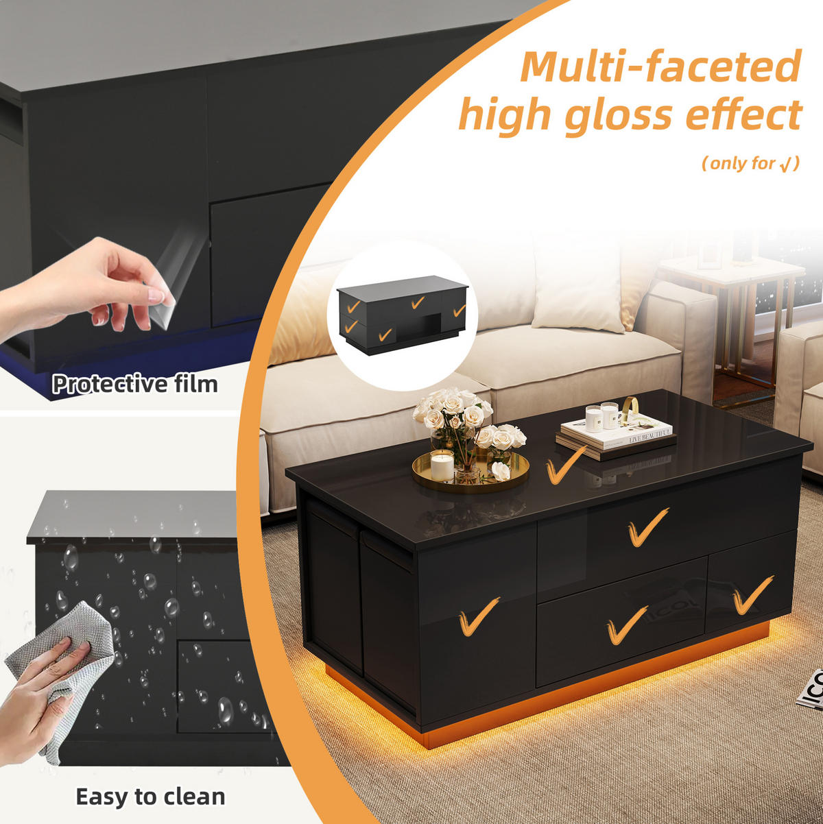 COUCHTISCH 100/50 cm schwarz aus Spanplatte mit höhenverstellbarer Tischplatte, LED und Stauraum - Schwarz, Holzwerkstoff (100/50/40cm) - OKMYHOME