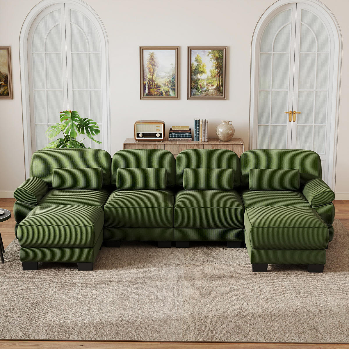 WOHNLANDSCHAFT 4-Sitzer U-Form mit 2 Hockern, DE-42659, Grün - Grün, Holz (336/94/161cm) - ComfortXL