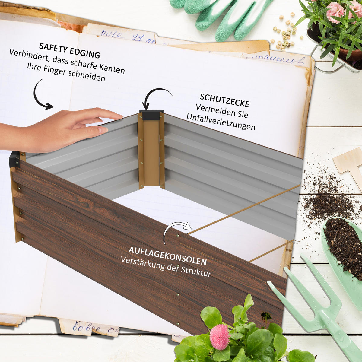 HOCHBEET aus Stahl, Blumenkasten, Gemüsebeet, für Balkon, Garten, Dunkelbraun - Braun, Metall (60/30/240cm) - Outsunny