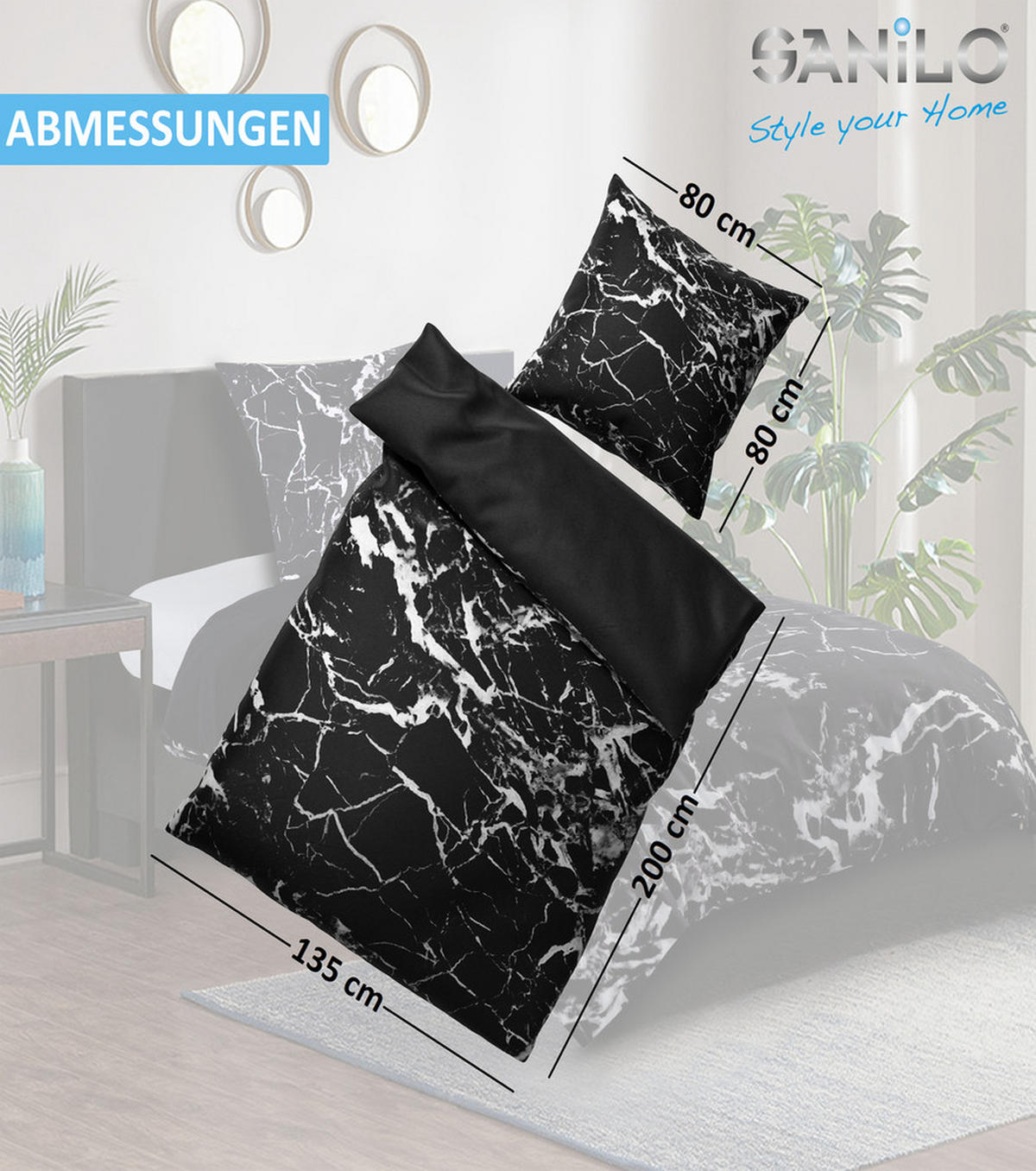 BETTWÄSCHE 2-teilig Marmor Schwarz - Schwarz, Naturmaterialien (135/200cm) - Sanilo