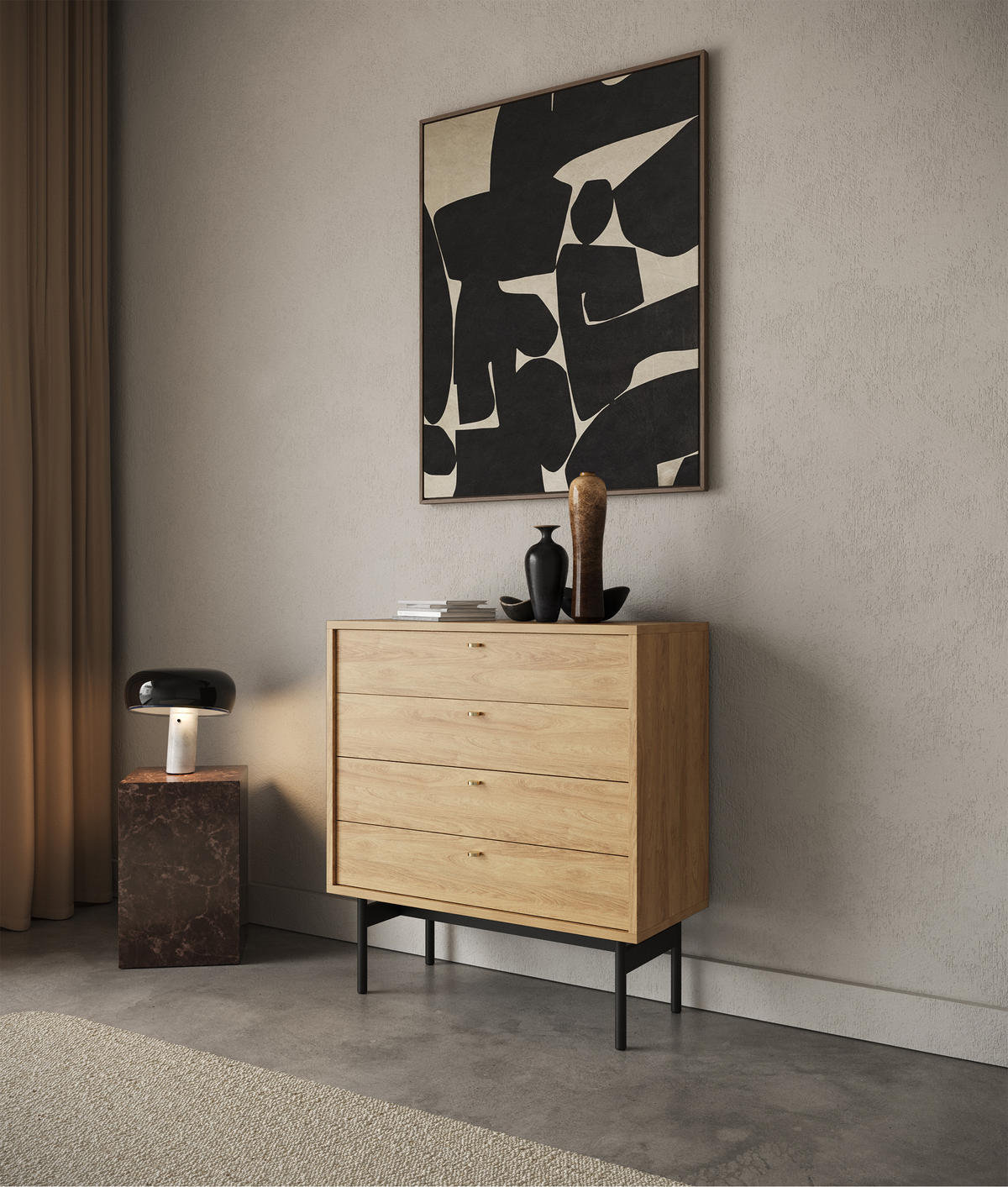 KOMMODE Olar Holzoptik Hickory Natur 85,5 cm - Beige/Goldfarben, Holzwerkstoff/Metall (85.5/91.9/38cm) - Selsey