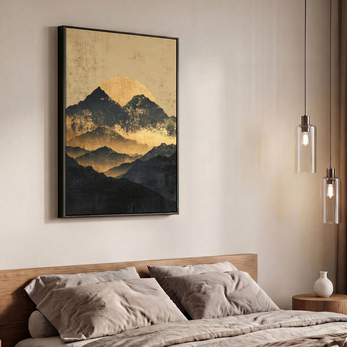 LEINWAND Bilder mit Rahmen - Goldene Berge bei Mondschein - 70x100 - Goldfarben, Textil (70/100cm) - MuchoWow